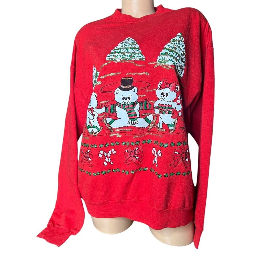 Vtg 90s Hanes Red Teddy Bear Christmas Tree Comfort Blend Sweater Sweatshirt L